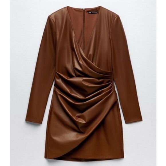 ZARA BLOGGERS FAV! FAUX LEATHER MINI DRESS BROWN NWT XS & S - Picture 10 of 15